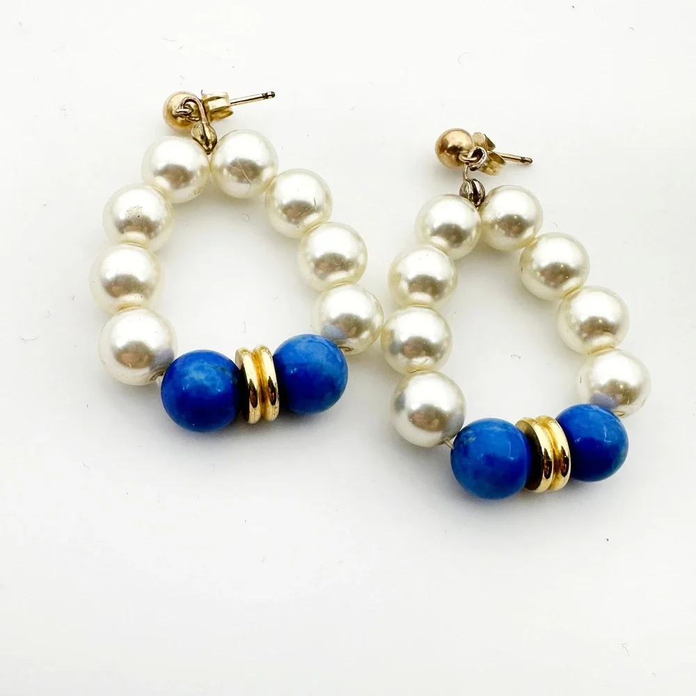 Vintage Faux Pearl Lapis Lazuli Bead Half Hoop Drop‎ Earrings Gold Tone